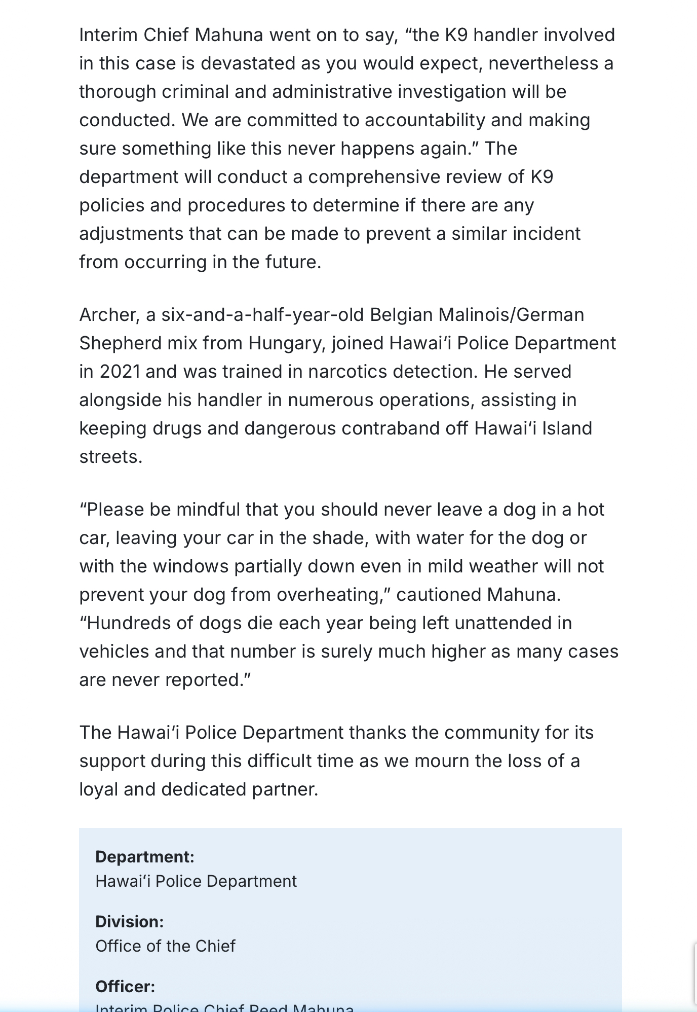 Justice for Police Dog Archer, RIP… whose handler needs to be held accountable